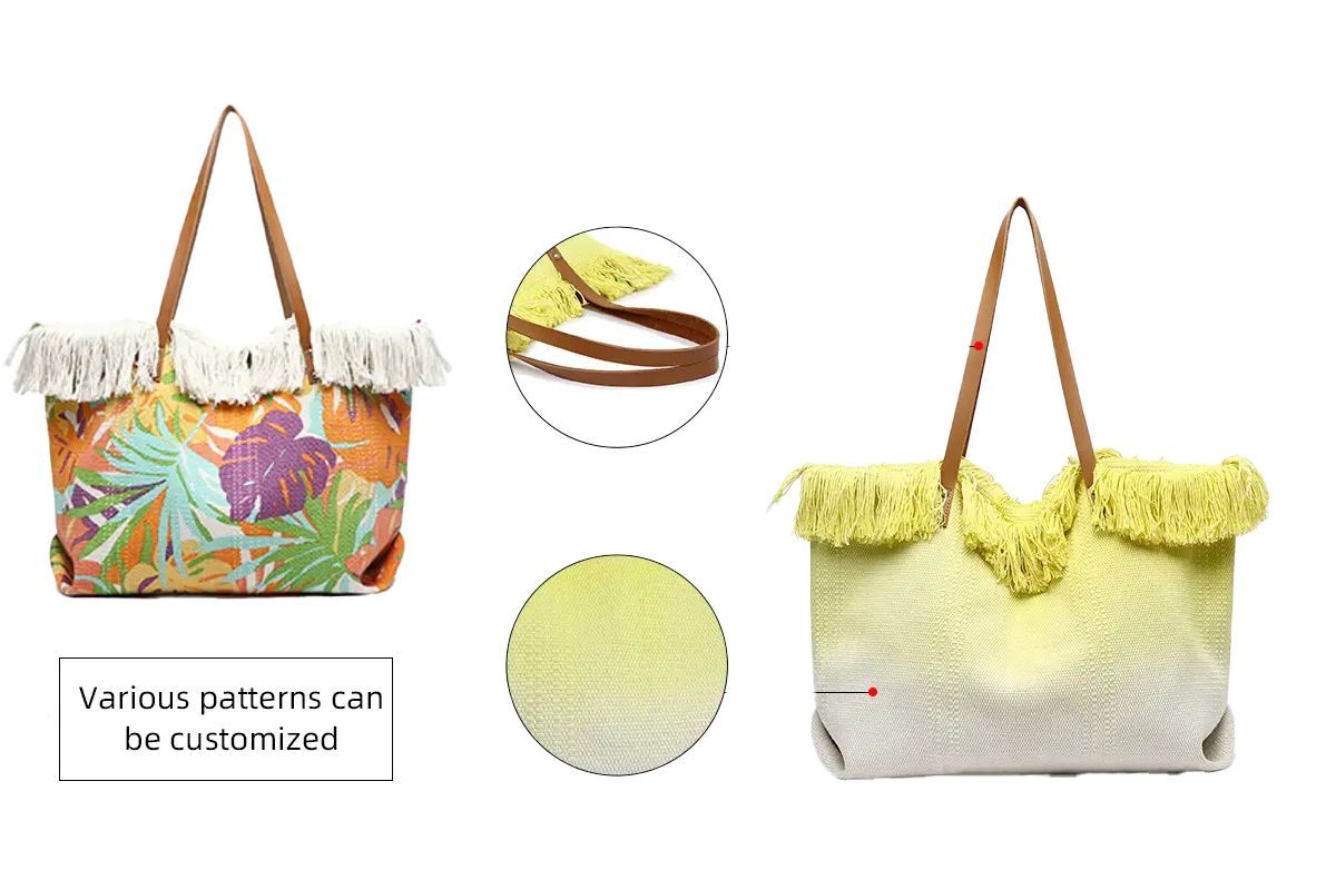 Customizable Pattern Canvas Tote Bags with Leather Handles and Fringed Edge Details